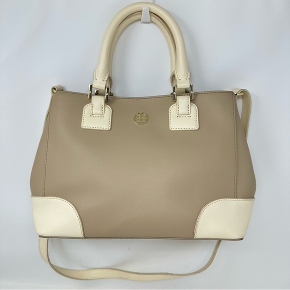 Tory Burch Two Tone Beige Saffiano Lux Leather Robinson Tote Top Handle Bag - Picture 1 of 12